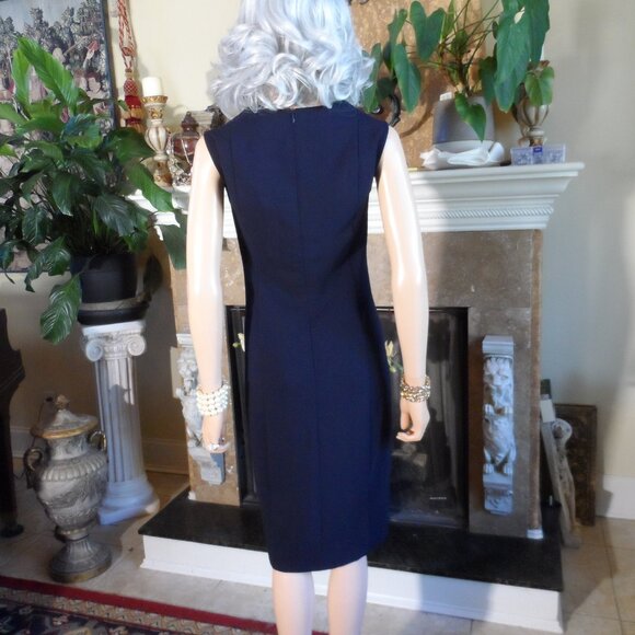 New Akris Navy Blue Wool-Blend V-Neck Sheath Dress Size US 10 - Picture 13 of 16